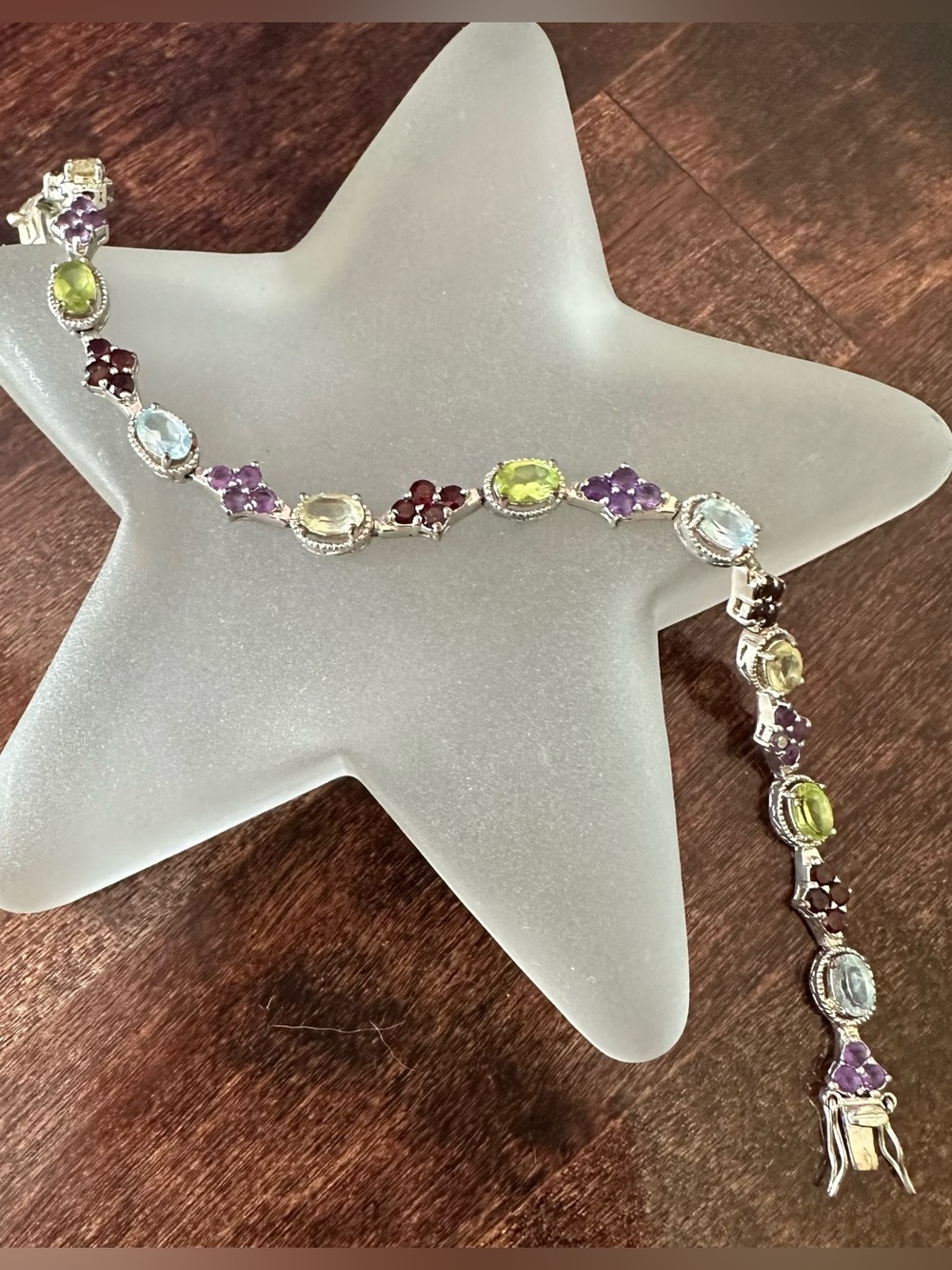 Sterling silver tennis bracelet with semi-precious stones, 7.5in long